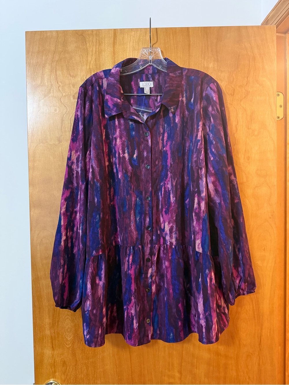 LOGO by Lori Goldstein Multicolor Button-Up Blouse Shirt Purple Blue NWOT Large